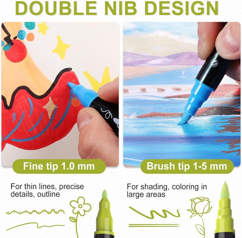 TOSHARE 120 Colors Acrylic Paint Markers Waterproof Dual Tip Acrylic Paint Pens with Brush & Fine Tip Professional Marker Set Scrapbook Markers for Paper Rock Wood Fabric Glass Ceramic and DIY Crafts - Image 3